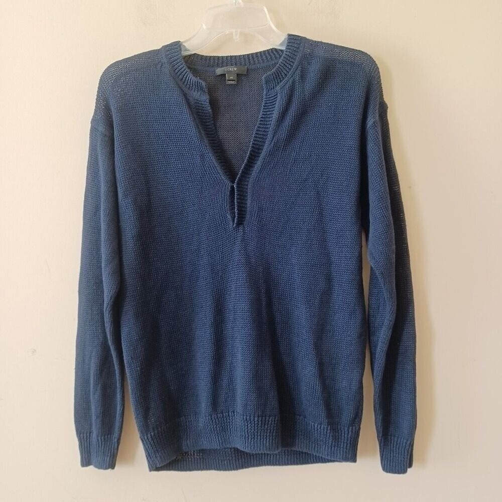 J.Crew Sweater XS Blue 100% Linen Split Neck Open Knit Coastal Classic Beachy